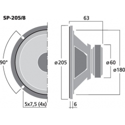 SP-205/8 Uniwersalny głośnik szerokopasmowy, 10W<sub>MAX</sub>, 8W<sub>RMS</sub>, 8Ω